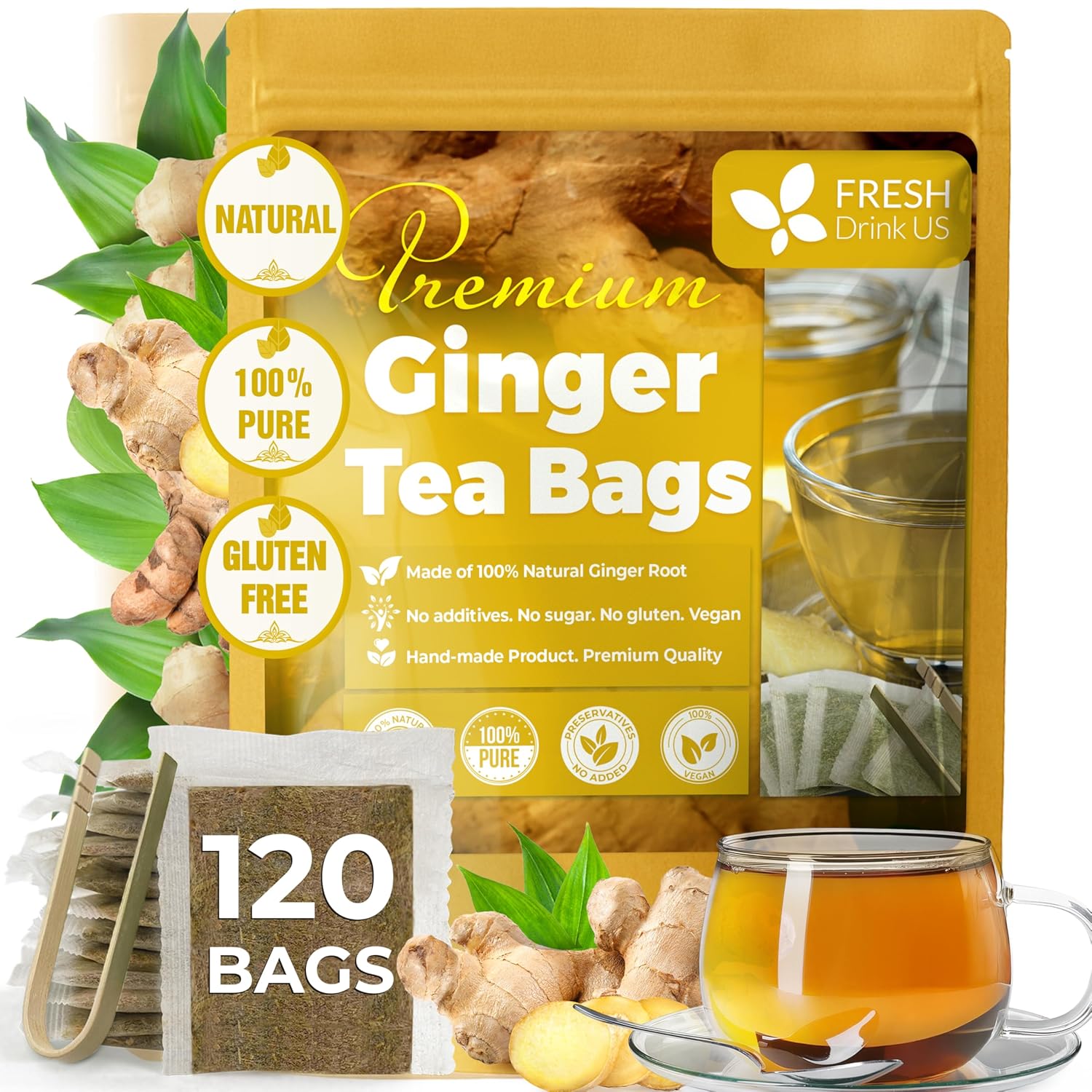 Premium Ginger Tea Bags, 100% Natural & Pure from Ginger Roots
