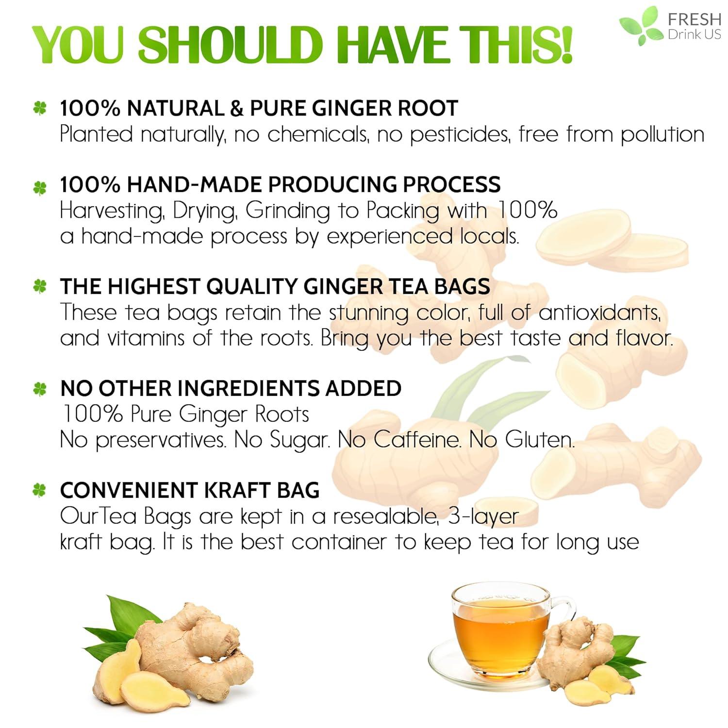 Premium Ginger Tea Bags, 100% Natural & Pure from Ginger Roots, Ginger Tea, Ginger Herbal Tea. Ginger Tea. No Sugar, No Caffeine, No Gluten, Vegan. - FreshDrinkUS - Natural and Premium Herbal Tea