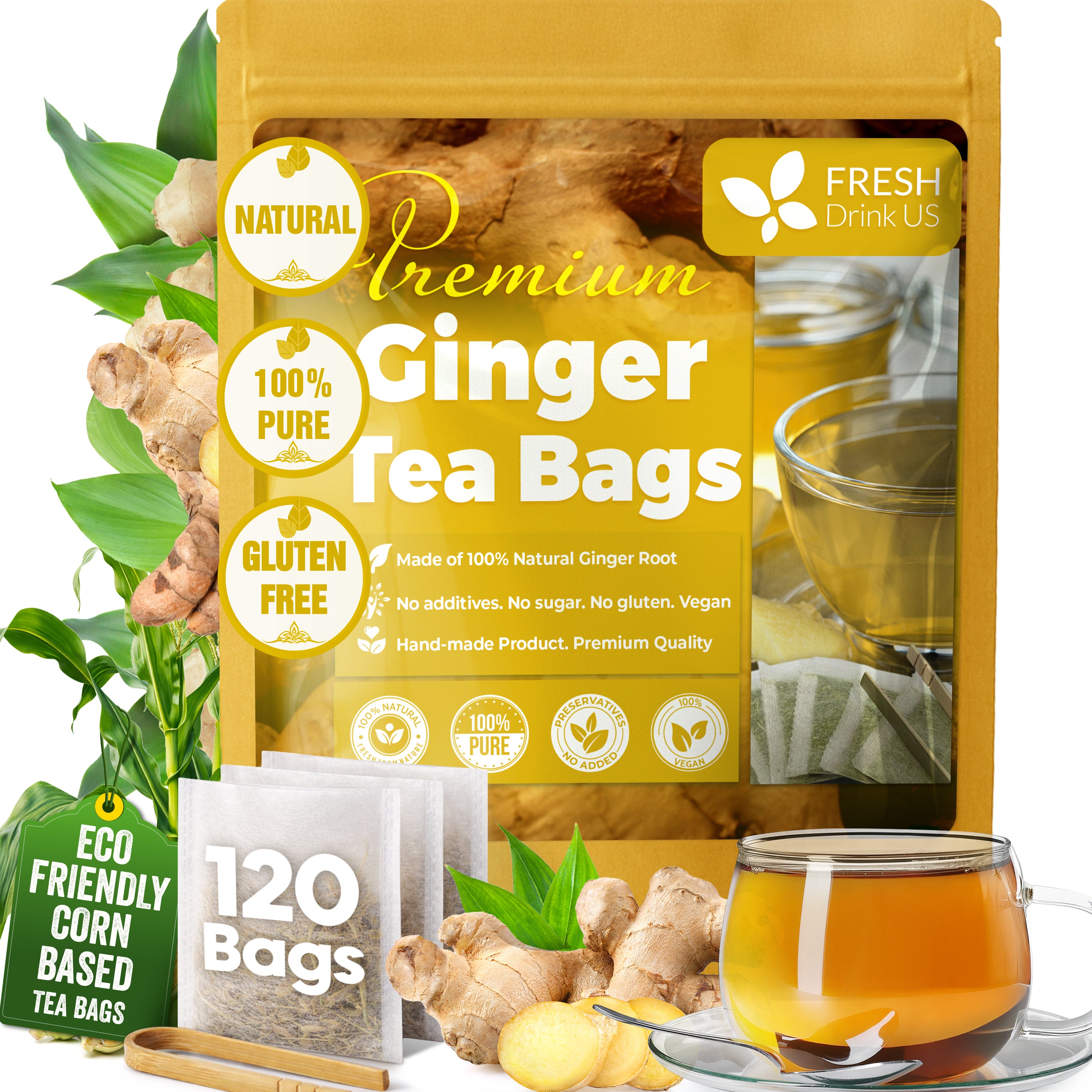 Premium Ginger Tea Bags, 100% Natural & Pure from Ginger Roots