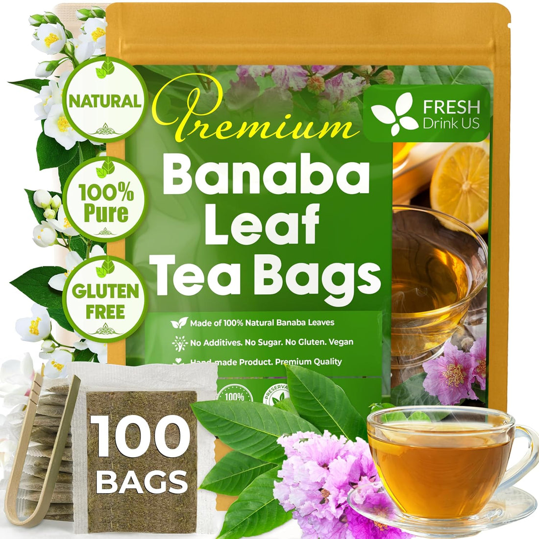 Natural Banaba Dried Leaves, Tea Bags, Powder, Whole Banaba Leaves, 100% Pure Dried Banaba Leaves, Banaba Leaf Tea, No Additives, No Caffeine, Vegan