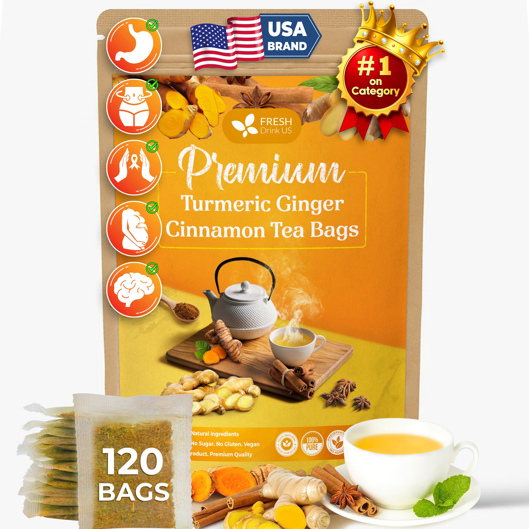 Turmeric, Ginger, Cinnamon Tea, Tea Bags, 100% Natural, Hand-made Blend of Turmeric, Ginger, and Cinnamon. Eco-conscious Tea Bags. Turmeric Ginger Herbal Tea. No Sugar, No Caffeine, No Gluten, Vegan.