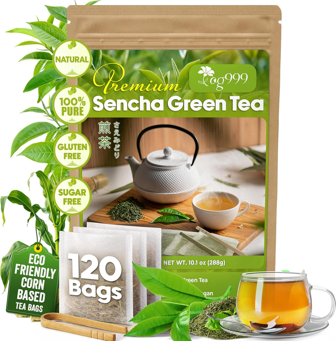 Premium Sencha Green Tea Bags, 100% Natural & Pure from Sencha Green Tea Leaves