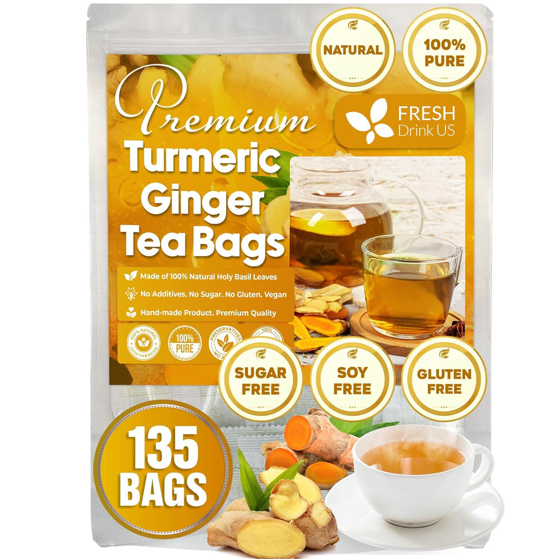 Premium Ginger Turmeric Tea Bags, Hand-made Blend of Ginger and Turmeric Herbal Tea, Eco-conscious Tea Bags. No Sugar, No Caffeine, No Gluten, Vegan.