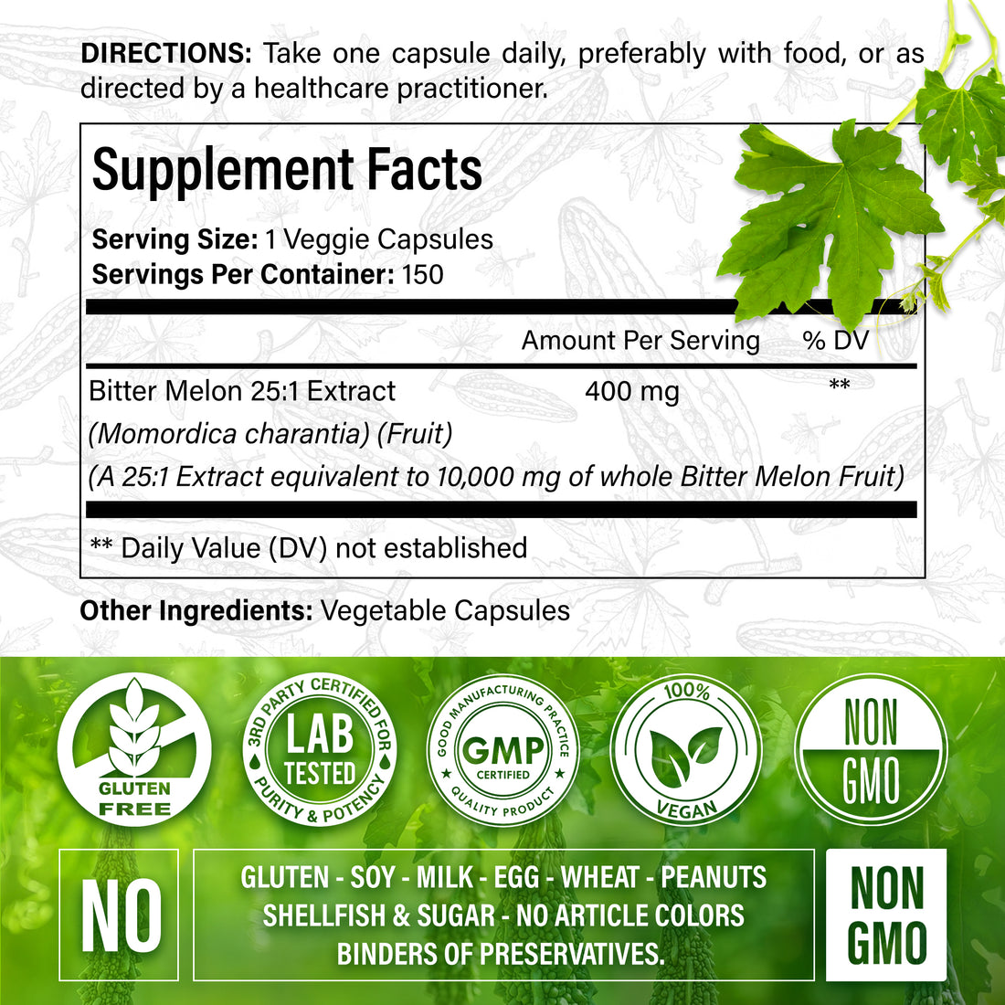 Bitter Melon Capsules, 1000mg, 150 Capsules - Gluten Free, Non-GMO