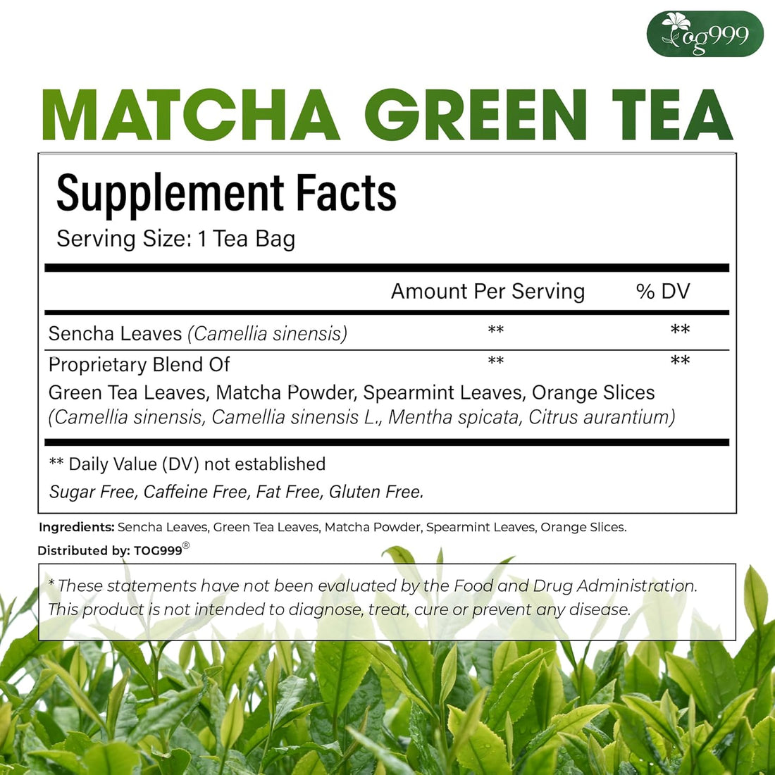 Premium Matcha Green Tea Bags | Blend of Sencha, Green Tea, Spearmint & Orange Slices