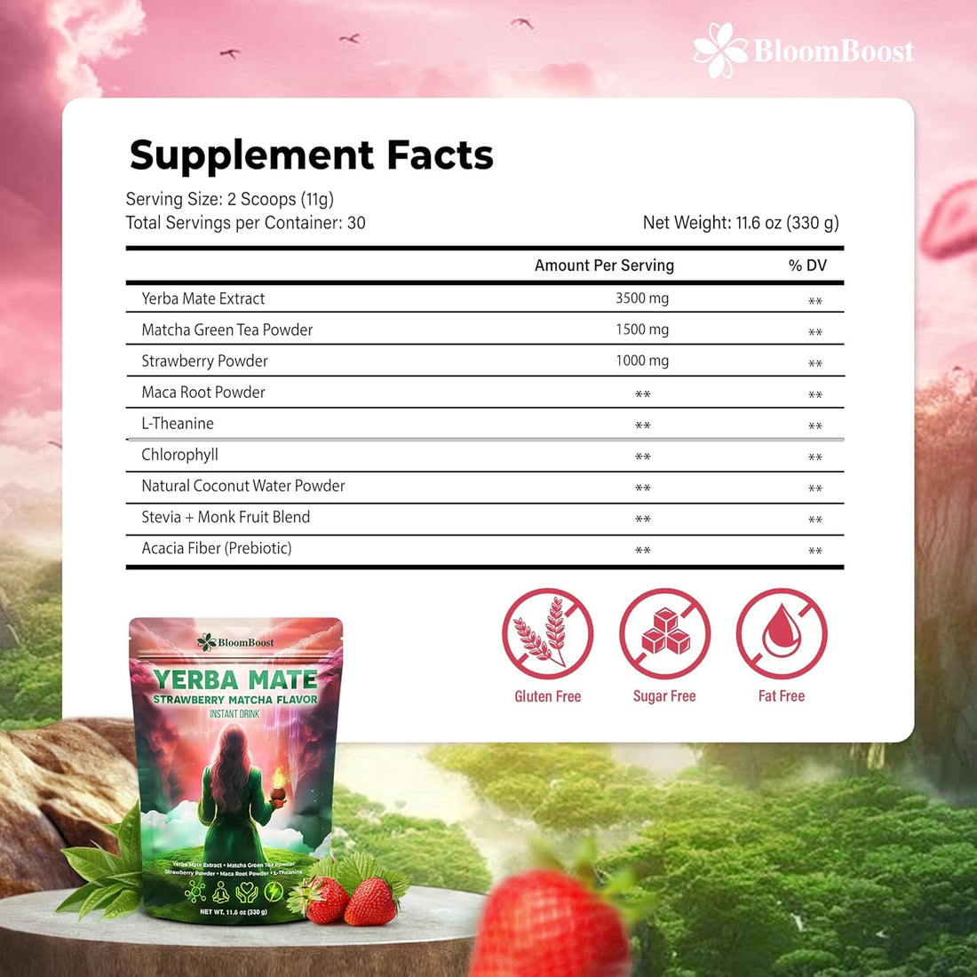 Yerba Mate Strawberry Matcha Powder – Smooth & Refreshing Super Blend, Premium Japanese Matcha, Sweet Strawberry Flavor – 11.6 oz (30 Servings) – Sugar-Free, Gluten-Free