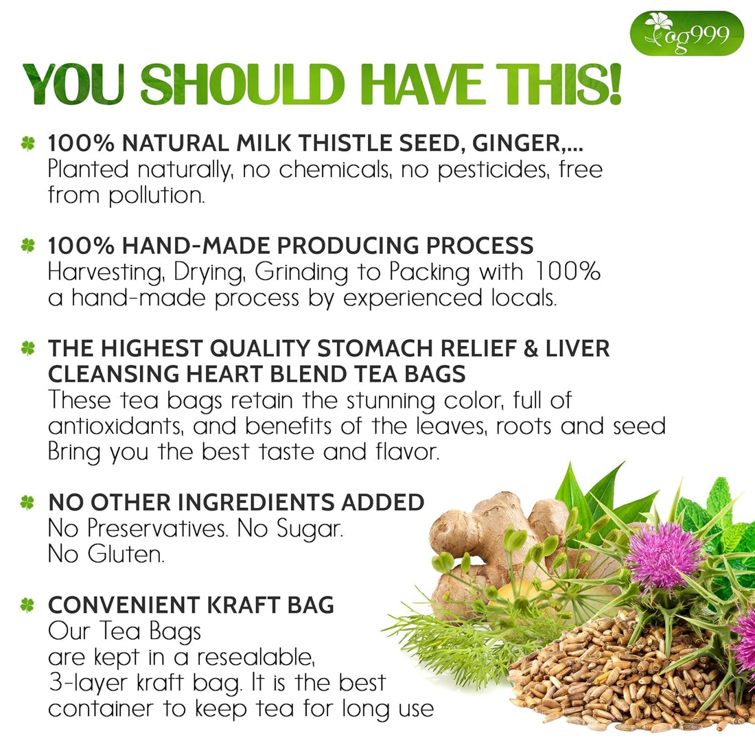 Premium Stomach & Liver Herbal Tea | Milk Thistle Seed, Ginger, Fennel, Peppermint & Licorice