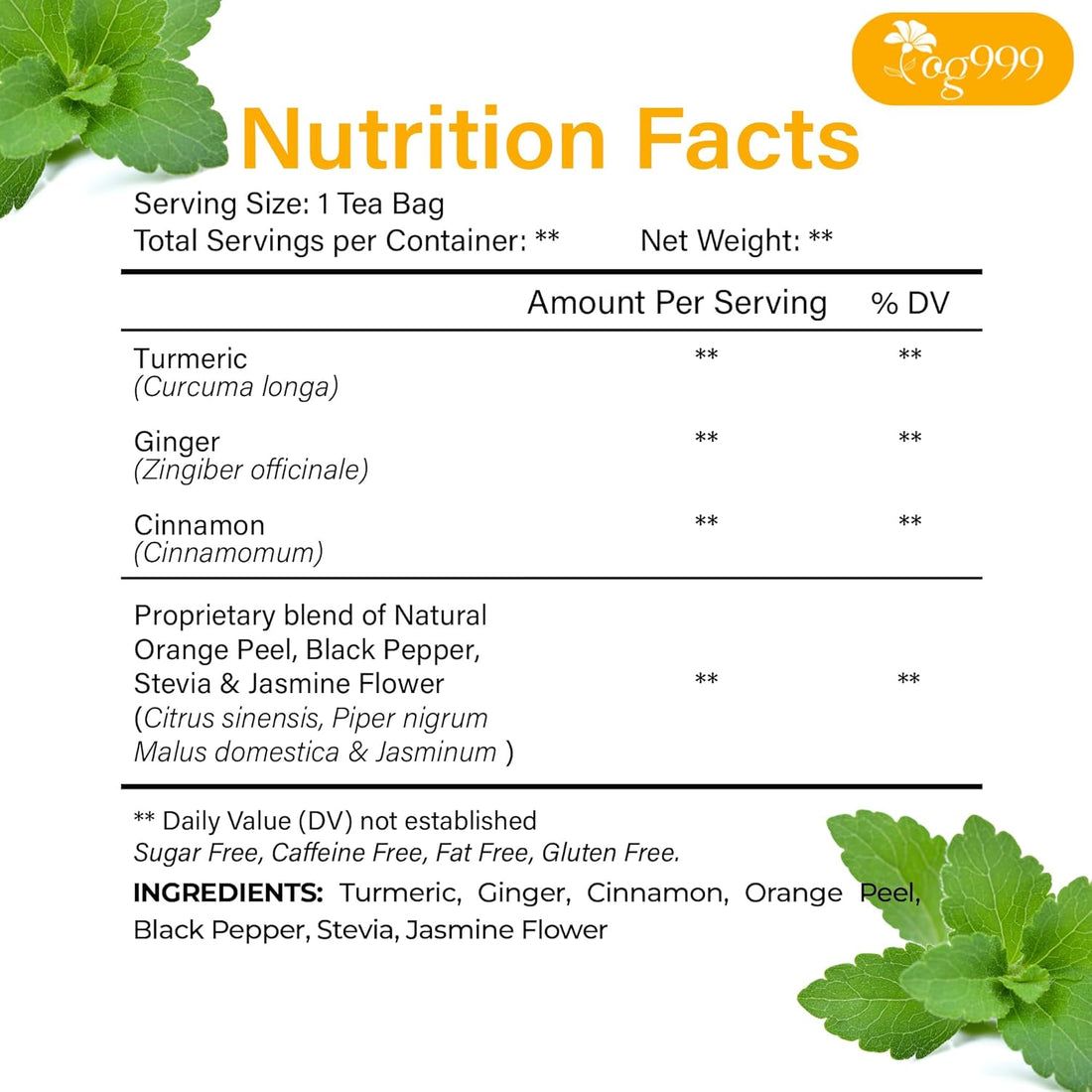 Premium Ginger, Turmeric and Cinnamon, Hand-made Blend of Ginger, Turmeric, Cinnamon, Orange Peel, Black Pepper, Hawthorn Berry and Jasmine.