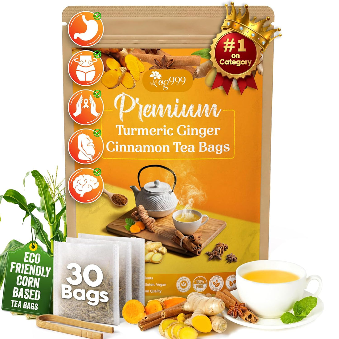 Metabolic Calm Trio – Chamomile Tea, Turmeric Ginger Cinnamon Tea & Spearmint Herbal Tea Bags | 100% Natural & Pure • Eco-Conscious Tea Bags • No Sugar • No Caffeine • No Gluten • Vegan Beverage Bundle