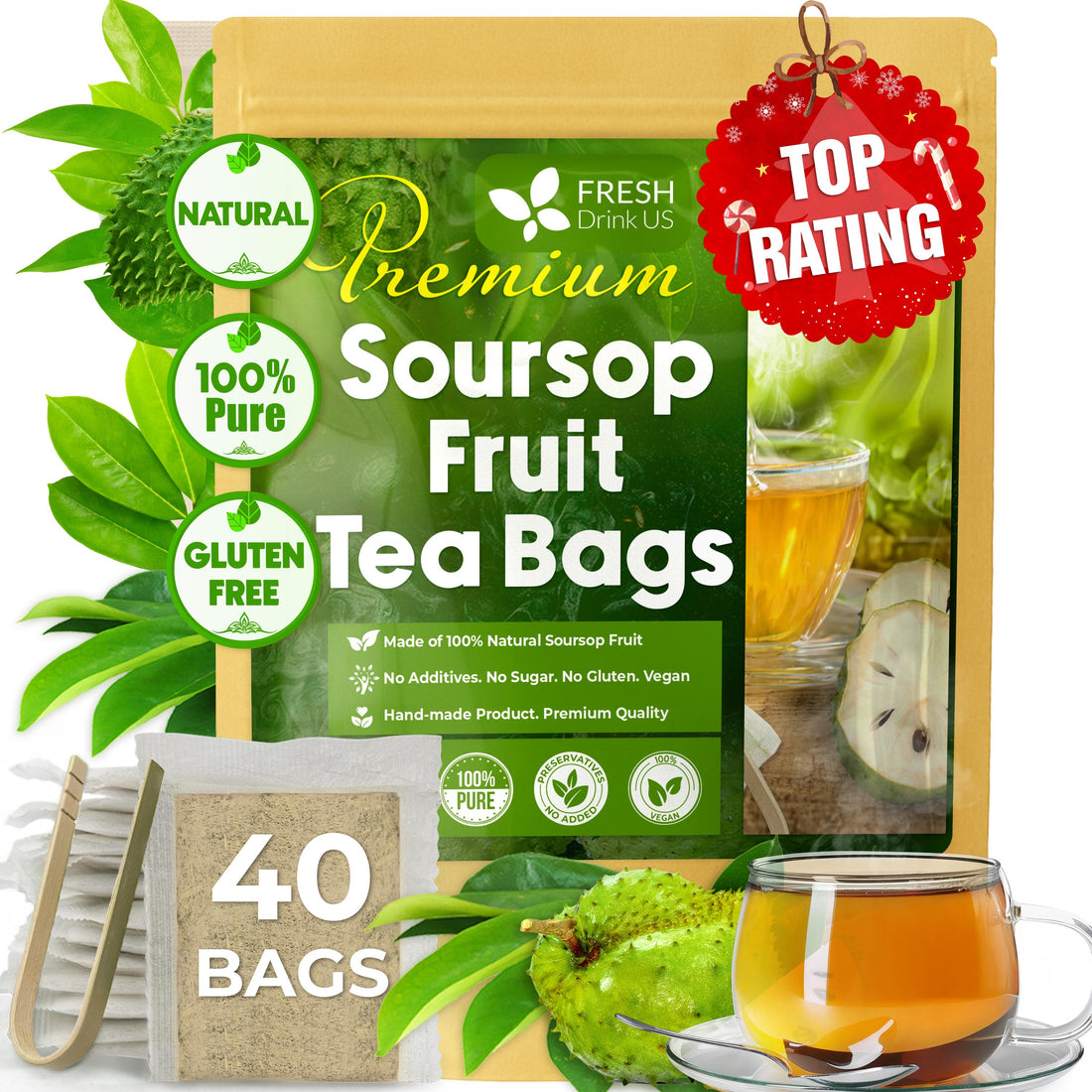 Premium Soursop Graviola Fruit Tea Bags, Tea Powder, 100% Natural and Pure from Soursop Fruits, Handmade, Made With Natural Materials-Corn Fiber Tea Bag, Sugar/Caffeine/Gluten Free, Hoja Guanabana Tea