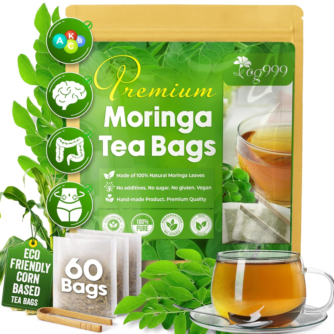 Moringa Leaf Tea Bags, 100% Natural & Pure from Moringa Leaves. Loose Leaf Moringa Herbal Tea. Moringa Leaf Tea. No Sugar, No Caffeine, No Gluten, Vegan
