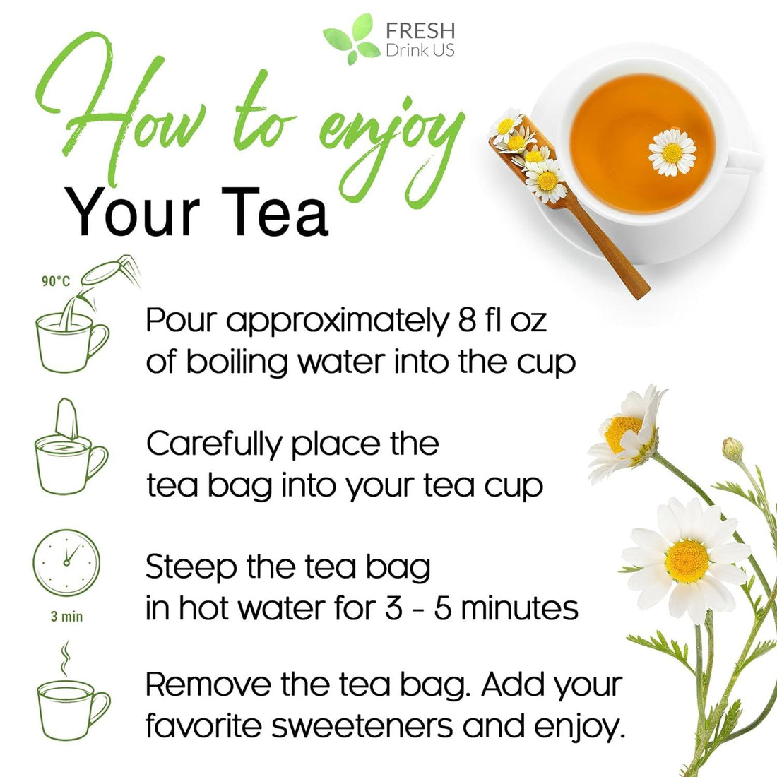 Chamomile Tea Bags, 100% Natural Chamomile, Freshly Picked, Naturally Dried Chamomile, Hand-made, Biodegradable Tea Bag - FreshDrinkUS - Natural and Premium Herbal Tea