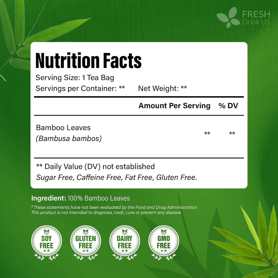 【FreshDrinkUS】 Premium Bamboo Leaf Tea Bags | 40 Count | Naturally Light & Refreshing Caffeine-Free Herbal Tea – From 100% Natural Bamboo Leaves. Sugar-Free. Vegan
