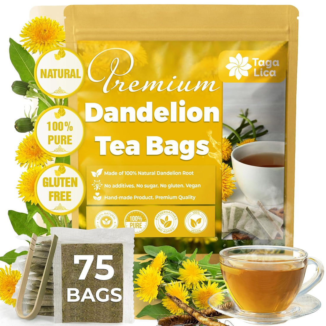 Dandelion Root Tea Bags, 100% Natural & Pure from Dandelion Root, Eco-Conscious Tea Bags, Dandelion Root Herbal Tea. Dandelion Root Tea. No Sugar, No Caffeine, No Gluten, Vegan.