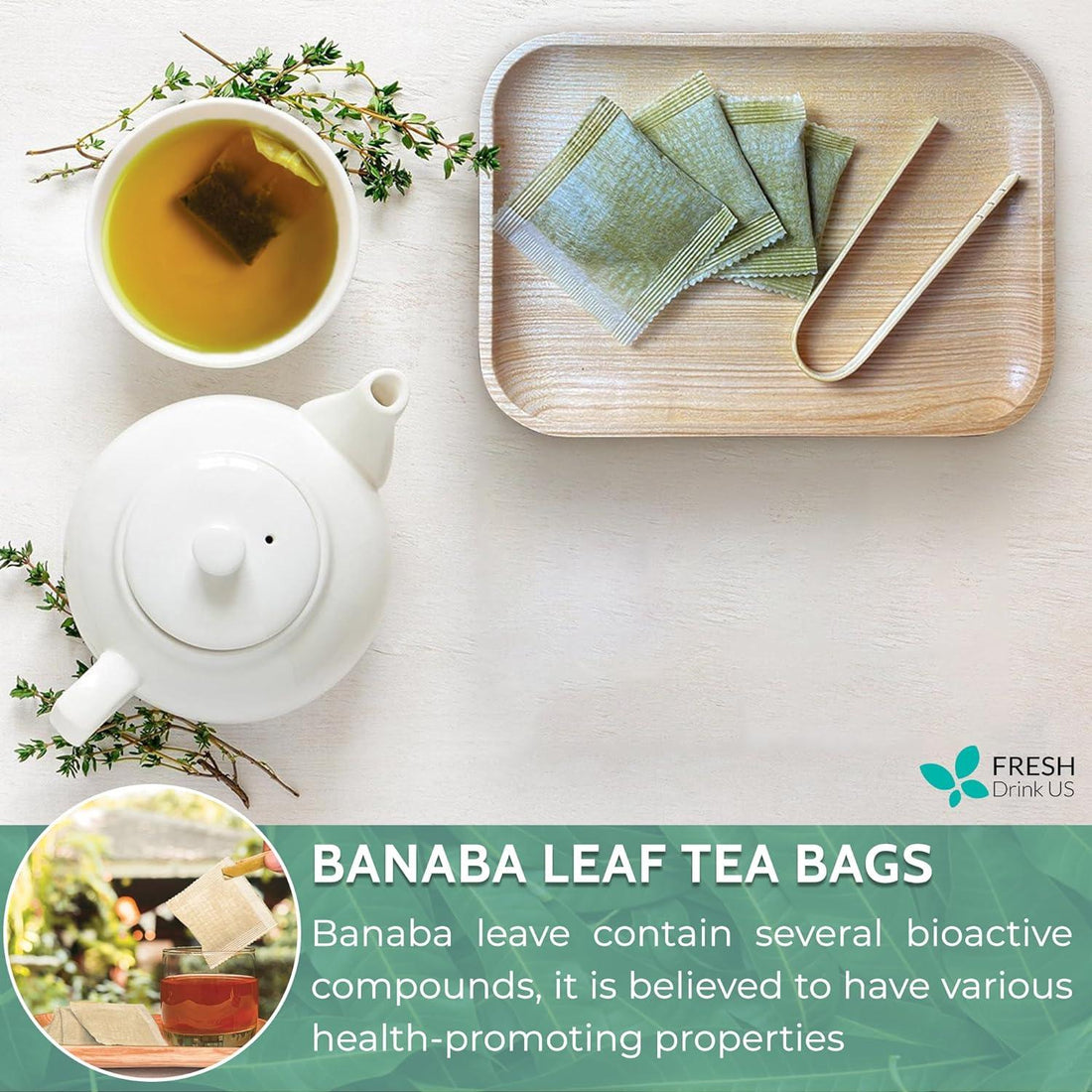 Natural Banaba Dried Leaves, Tea Bags, Powder, Whole Banaba Leaves, 100% Pure Dried Banaba Leaves, Banaba Leaf Tea, No Additives, No Caffeine, Vegan - FreshDrinkUS - Natural and Premium Herbal Tea
