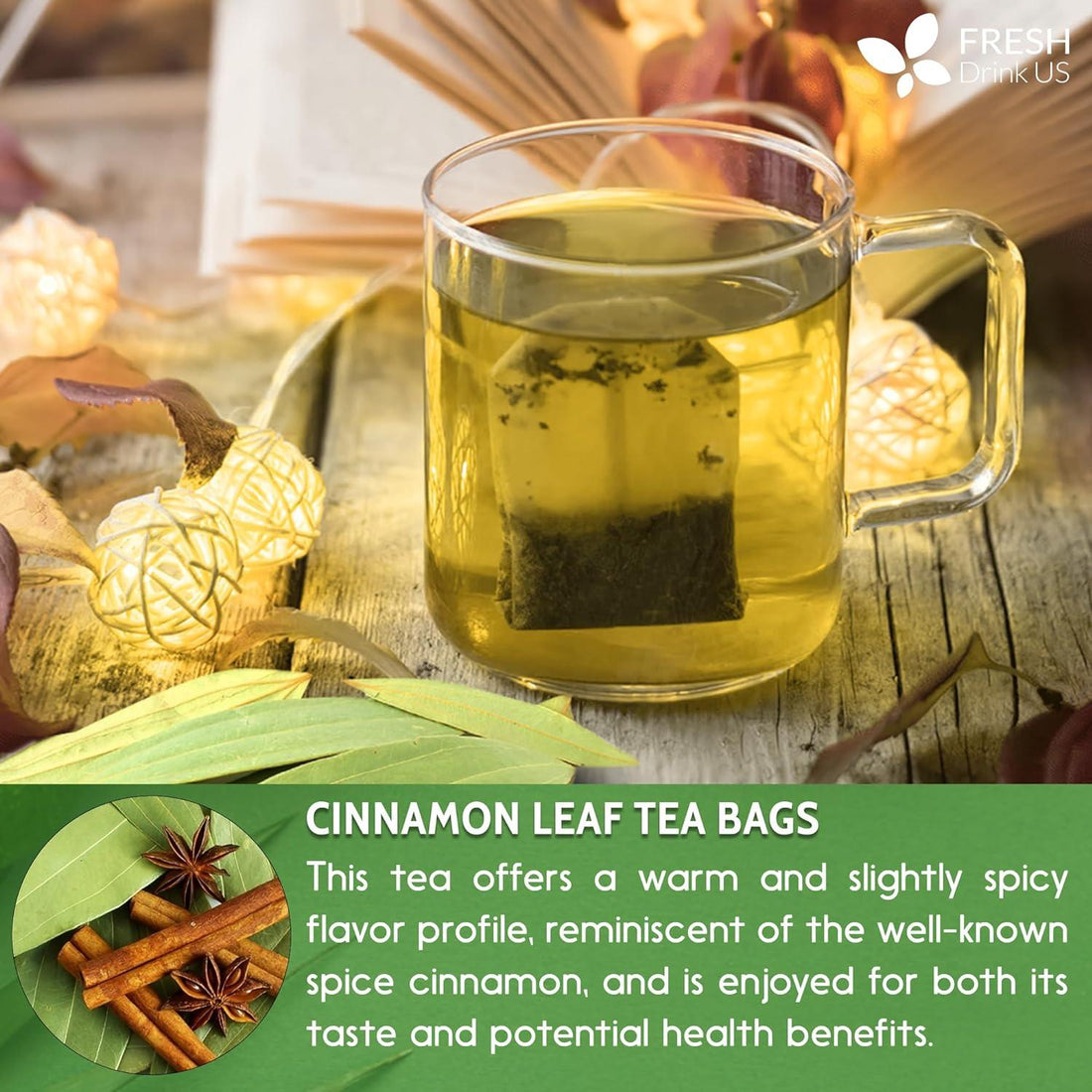Natural Cinnamon Leaves, Whole Dried Cinnamon Leaves, Tea Bags, 100% Pure from Dried Cinnamon Leaves, Cinnamon Leaf Tea, No Additives, No Caffeine, Vegan - FreshDrinkUS - Natural and Premium Herbal Tea