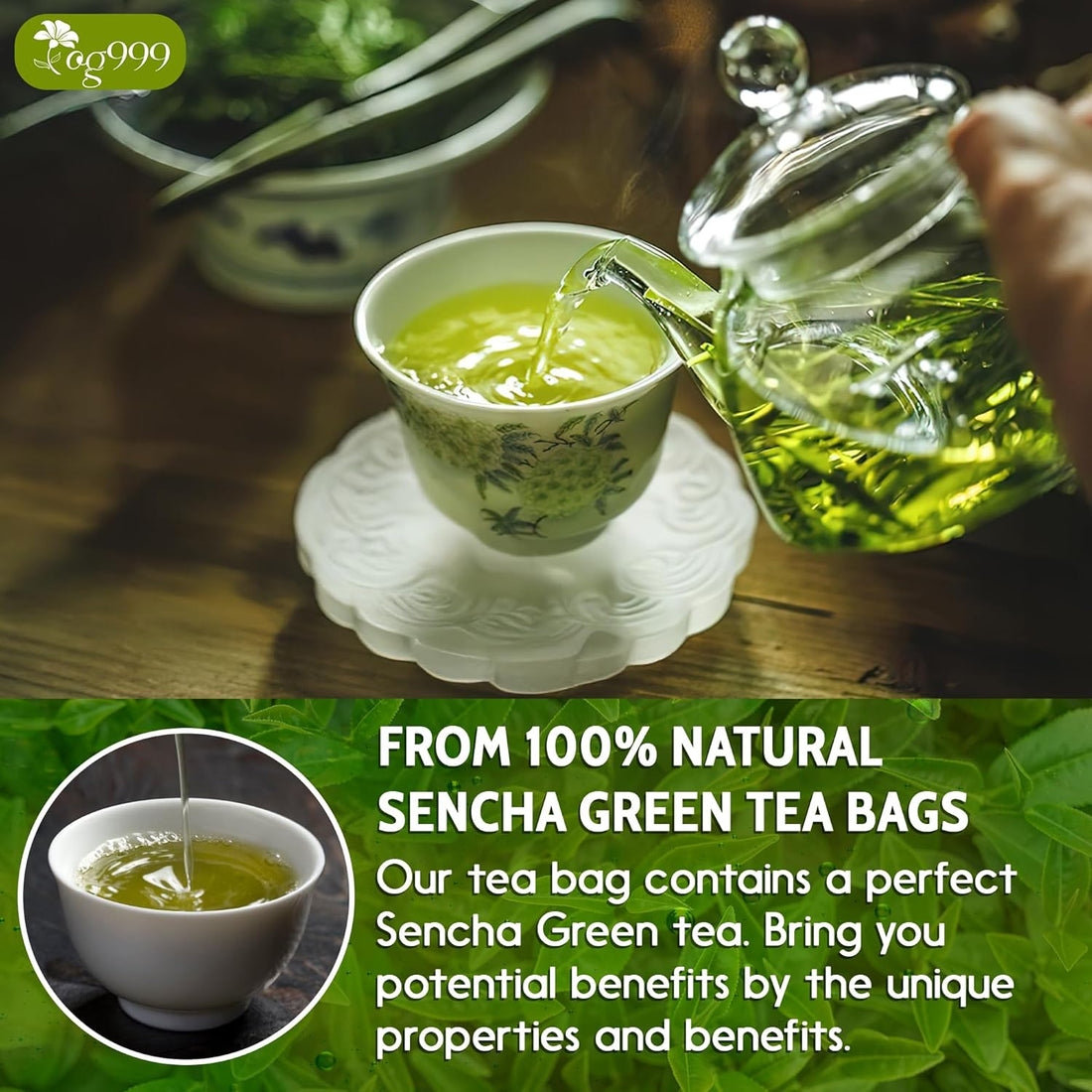 Premium Sencha Green Tea Bags, 100% Natural & Pure from Sencha Green Tea Leaves