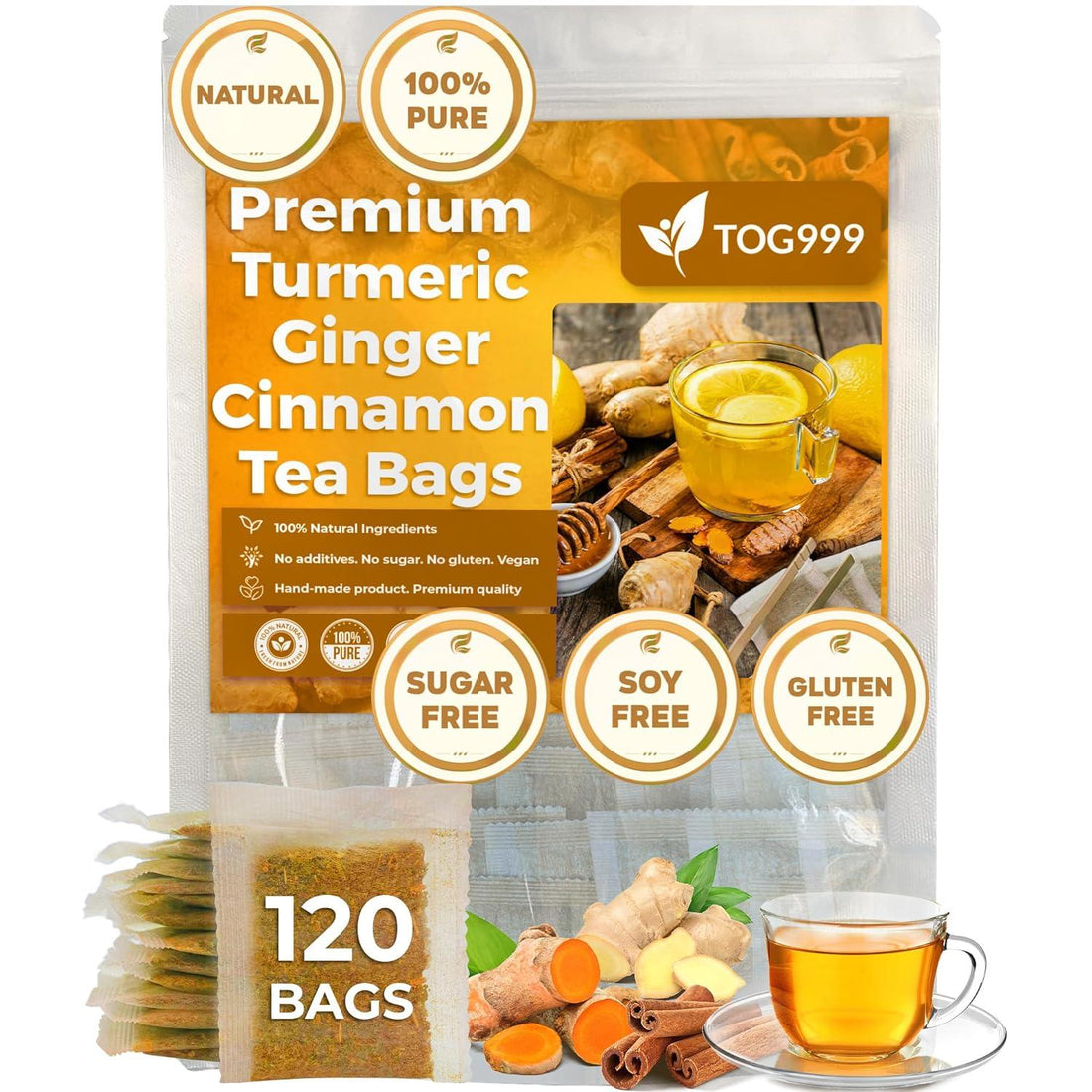 Turmeric, Ginger, Cinnamon Tea, Tea Bags, 100% Natural, Hand-made. Turmeric Ginger Herbal Tea. No Sugar, No Caffeine, No Gluten, Vegan - FreshDrinkUS - Natural and Premium Herbal Tea