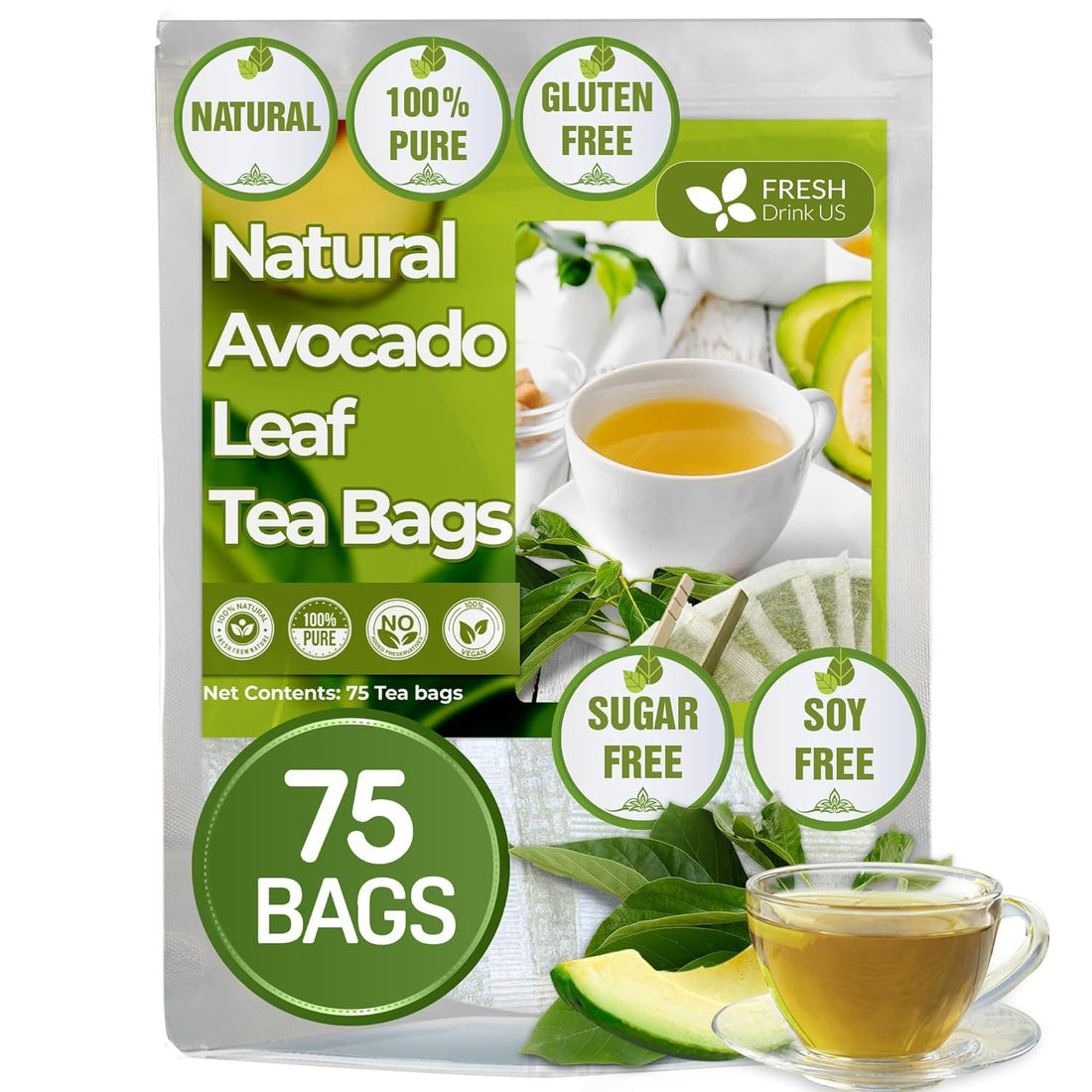 Natural Avocado Whole Leaves Dried, Tea Bags, 100% Pure from Avocado Leaves, Avocado Leaf Tea, Hojas de Aguacate Seca, No Additives, No Caffeine, Vegan - FreshDrinkUS - Natural and Premium Herbal Tea