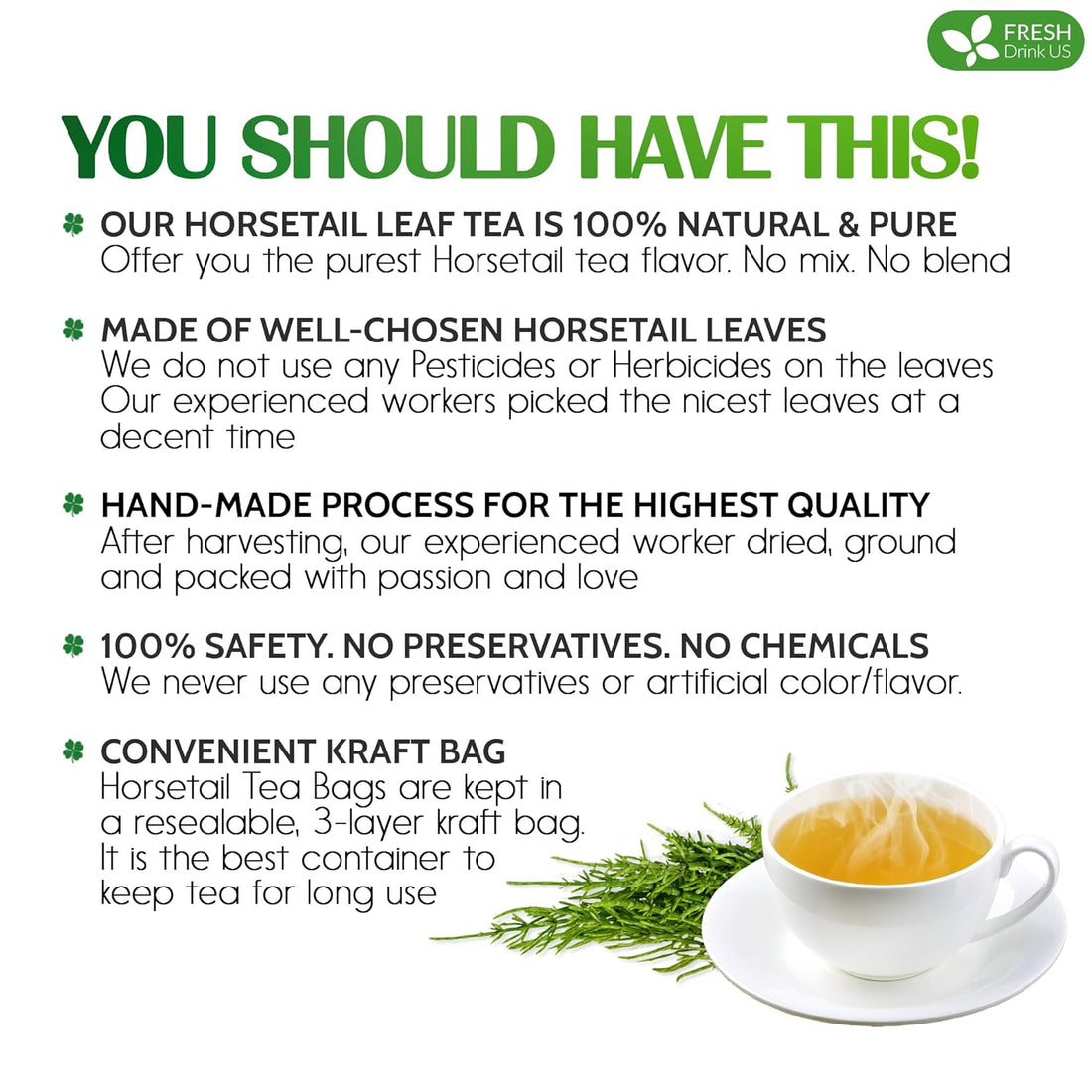 Premium Horsetail Leaf Tea Bags, 100% Natural & Pure from Horsetail Loose Leaves Herbal Tea. No Sugar, No Caffeine, No Gluten, Vegan.