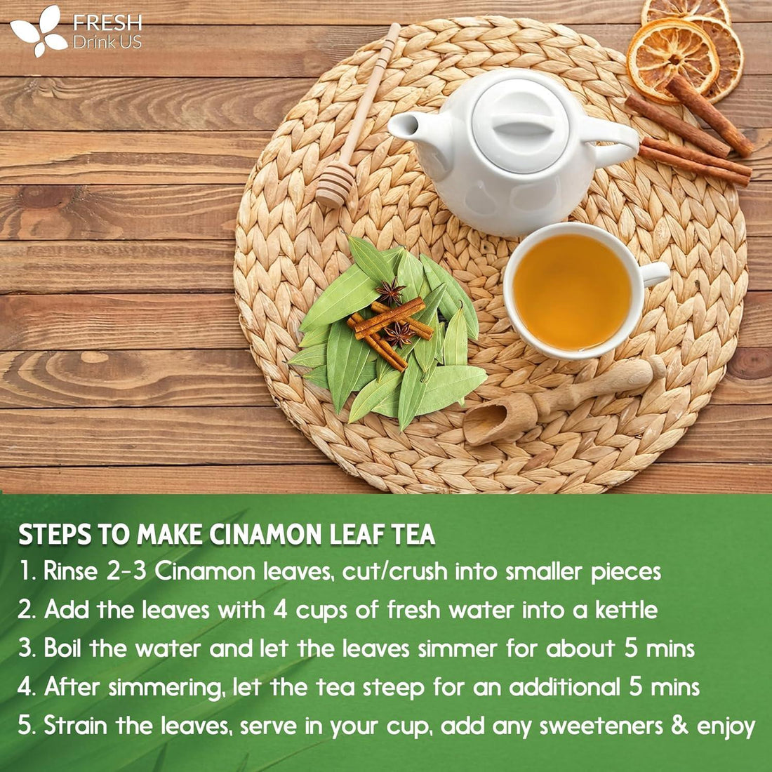 Natural Cinnamon Leaves, Whole Dried Cinnamon Leaves, Tea Bags, 100% Pure from Dried Cinnamon Leaves, Cinnamon Leaf Tea, No Additives, No Caffeine, Vegan - FreshDrinkUS - Natural and Premium Herbal Tea