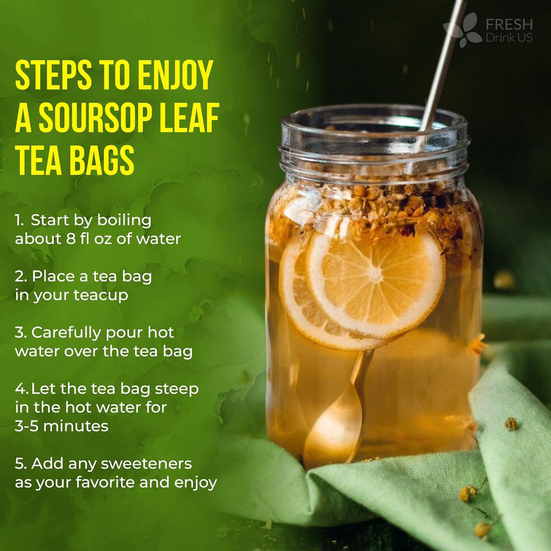 【FreshDrinkUS】 Immune-Boost Detox Blend, Soursop Graviola Leaf & Turmeric Ginger Cinnamon Herbal Tea Bags, 100% Natural & Pure Leaves and Roots, Eco-Conscious Tea Bags, No Sugar, No Caffeine, No Gluten, Vegan – Herbal Beverage