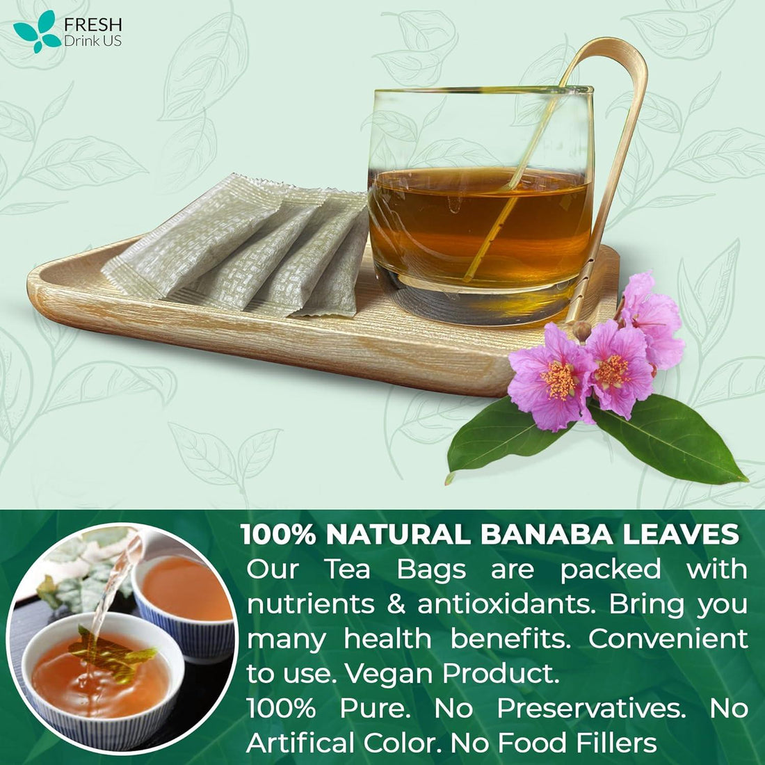 Natural Banaba Dried Leaves, Tea Bags, Powder, Whole Banaba Leaves, 100% Pure Dried Banaba Leaves, Banaba Leaf Tea, No Additives, No Caffeine, Vegan - FreshDrinkUS - Natural and Premium Herbal Tea