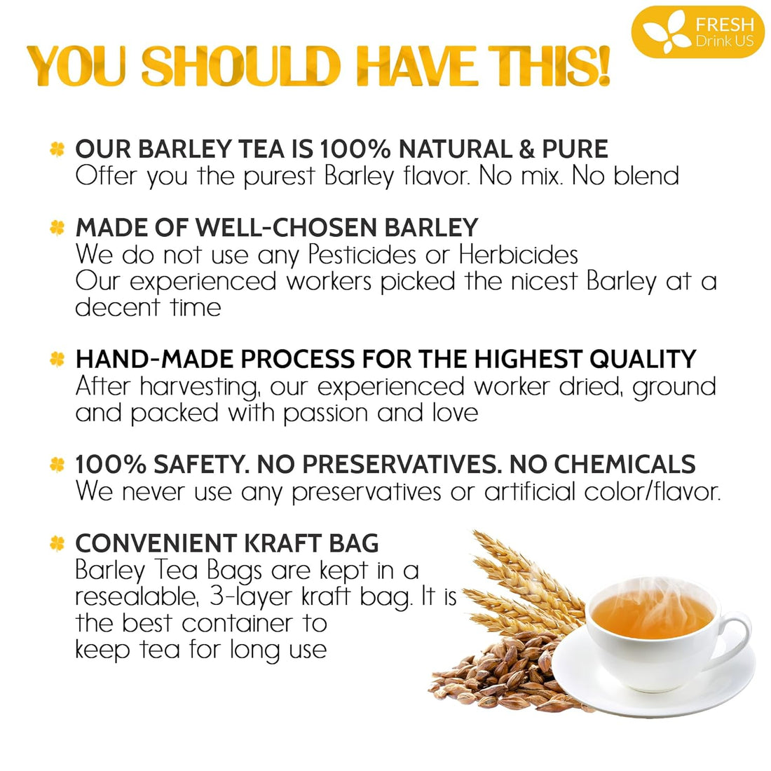 Premium Barley Tea Bags, 100% Natural & Pure from Barley. Loose Barey Herbal Tea. No Sugar, No Caffeine, No Gluten, Vegan.