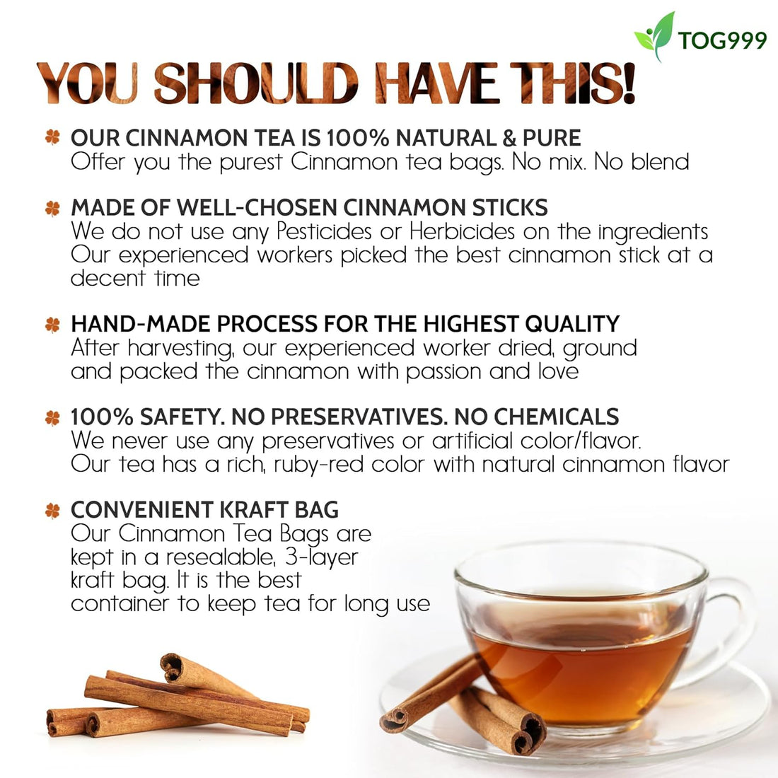 Pure Cinnamon Tea, 100% Natural & Pure Ceylon Cinnamon. Cinnamon Herbal Tea. Cinnamon Stick Herbal Spice Tea. No Sugar, No Caffeine, No Gluten, Vegan.