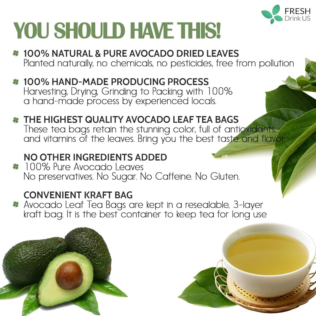 Natural Avocado Whole Leaves Dried, Tea Bags, 100% Pure from Avocado Leaves, Avocado Leaf Tea, Hojas de Aguacate Seca, No Additives, No Caffeine, Vegan - FreshDrinkUS - Natural and Premium Herbal Tea