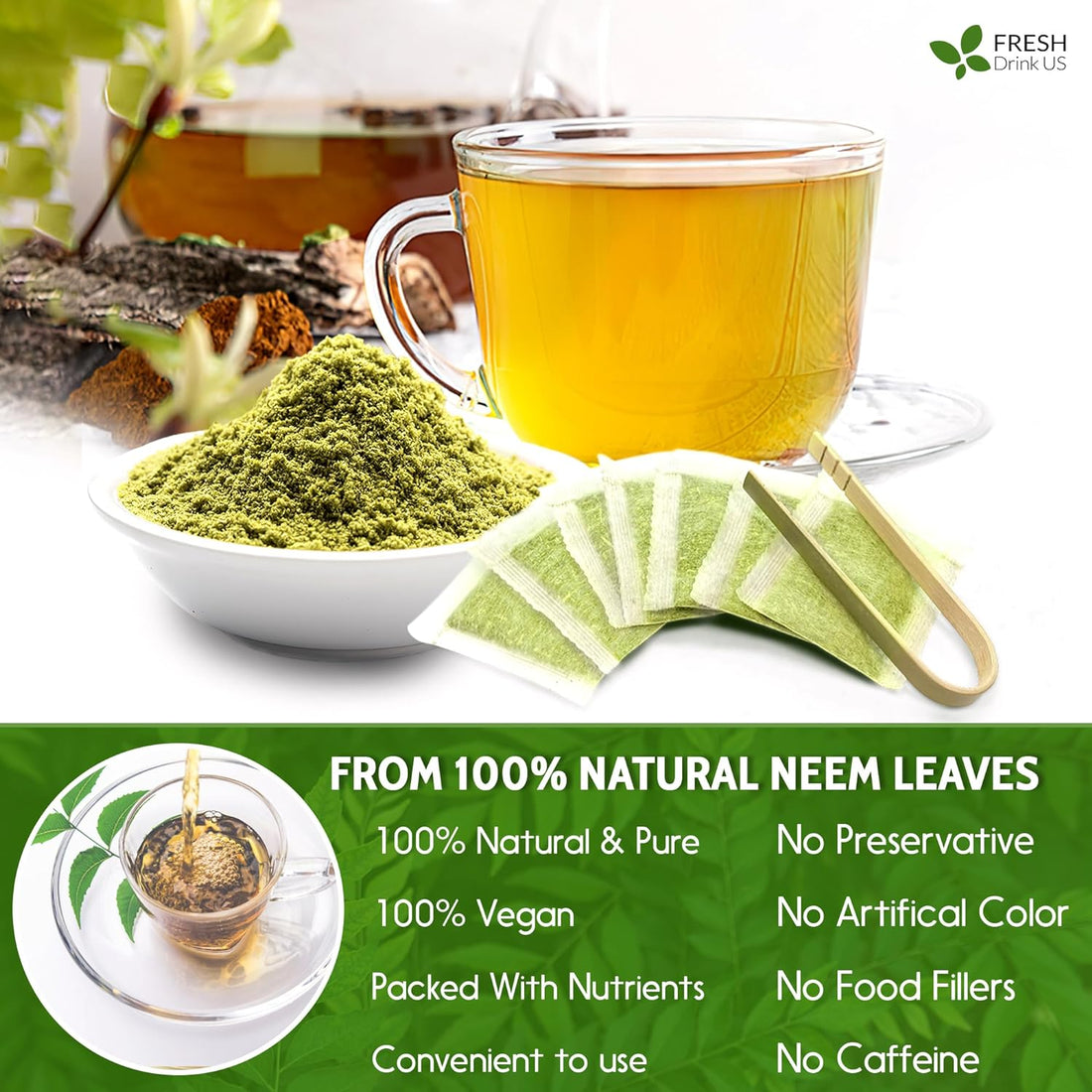 Neem Leaf Tea Bags, 100% Natural and Pure from Neem Leaves. Loose Leaf Neem Herbal Tea. Neem Leaf Tea. No Sugar, No Caffeine, No Gluten, Vegan. - FreshDrinkUS - Natural and Premium Herbal Tea