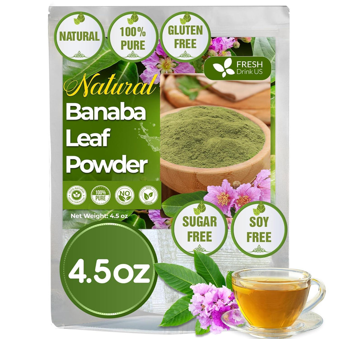 Natural Banaba Dried Leaves, Tea Bags, Powder, Whole Banaba Leaves, 100% Pure Dried Banaba Leaves, Banaba Leaf Tea, No Additives, No Caffeine, Vegan - FreshDrinkUS - Natural and Premium Herbal Tea