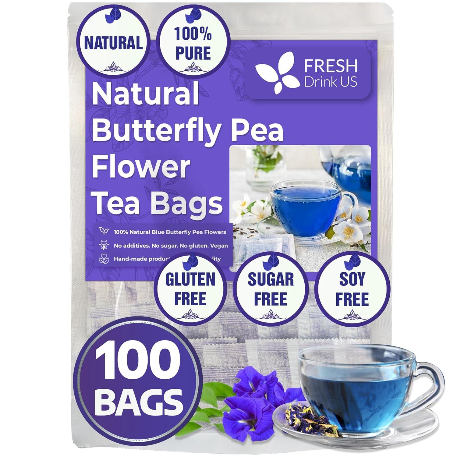 Premium Butterfly Pea Flowers, Tea Bags, 100% Natural and Pure from Butterfly Pea Flowers, Hand-made, Made With Natural Materials-Corn Fiber Tea Bag, Sugar/Caffeine/Gluten Free - FreshDrinkUS - Natural and Premium Herbal Tea
