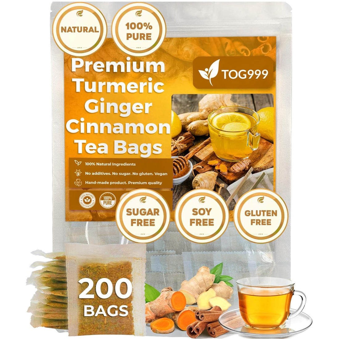 Turmeric, Ginger, Cinnamon Tea, Tea Bags, 100% Natural, Hand-made. Turmeric Ginger Herbal Tea. No Sugar, No Caffeine, No Gluten, Vegan - FreshDrinkUS - Natural and Premium Herbal Tea
