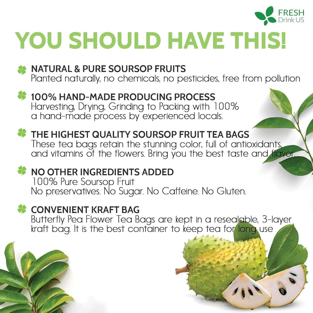 Premium Soursop Graviola Fruit Tea Bags, Tea Powder, 100% Natural and Pure from Soursop Fruits, Handmade, Made With Natural Materials-Corn Fiber Tea Bag, Sugar/Caffeine/Gluten Free, Hoja Guanabana Tea - FreshDrinkUS - Natural and Premium Herbal Tea