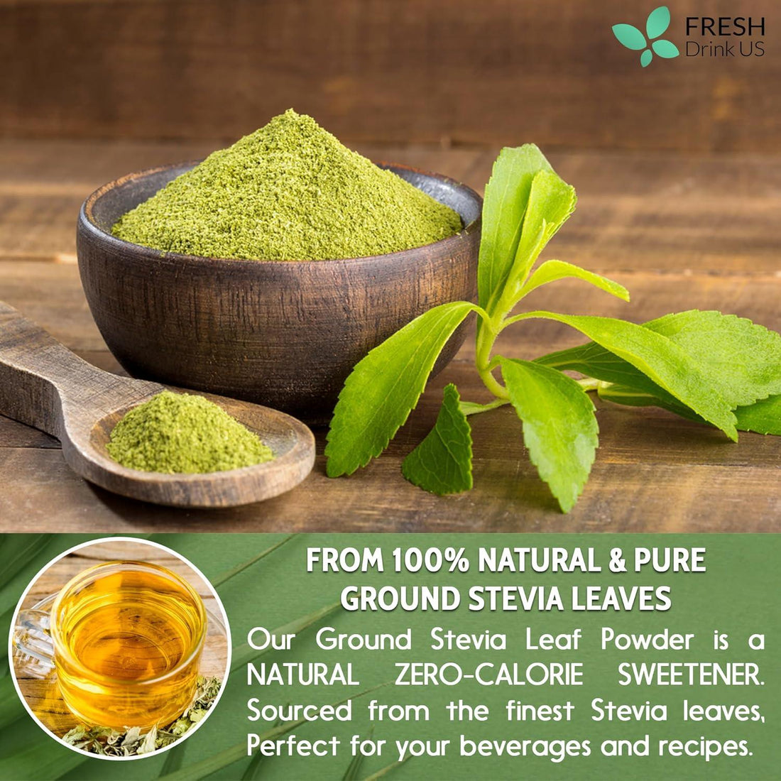 Stevia Leaf, Whole Dried Leaves, Tea Bags, Powder, 100% Natural and Pure from Stevia Leaves. Sugar Substitute for Tea, Coffee. Loose Leaf Stevia Herbal Tea. Zero Calorie Sweetener. No Sugar, No Caffeine, No Gluten, Vegan. - FreshDrinkUS - Natural and Premium Herbal Tea