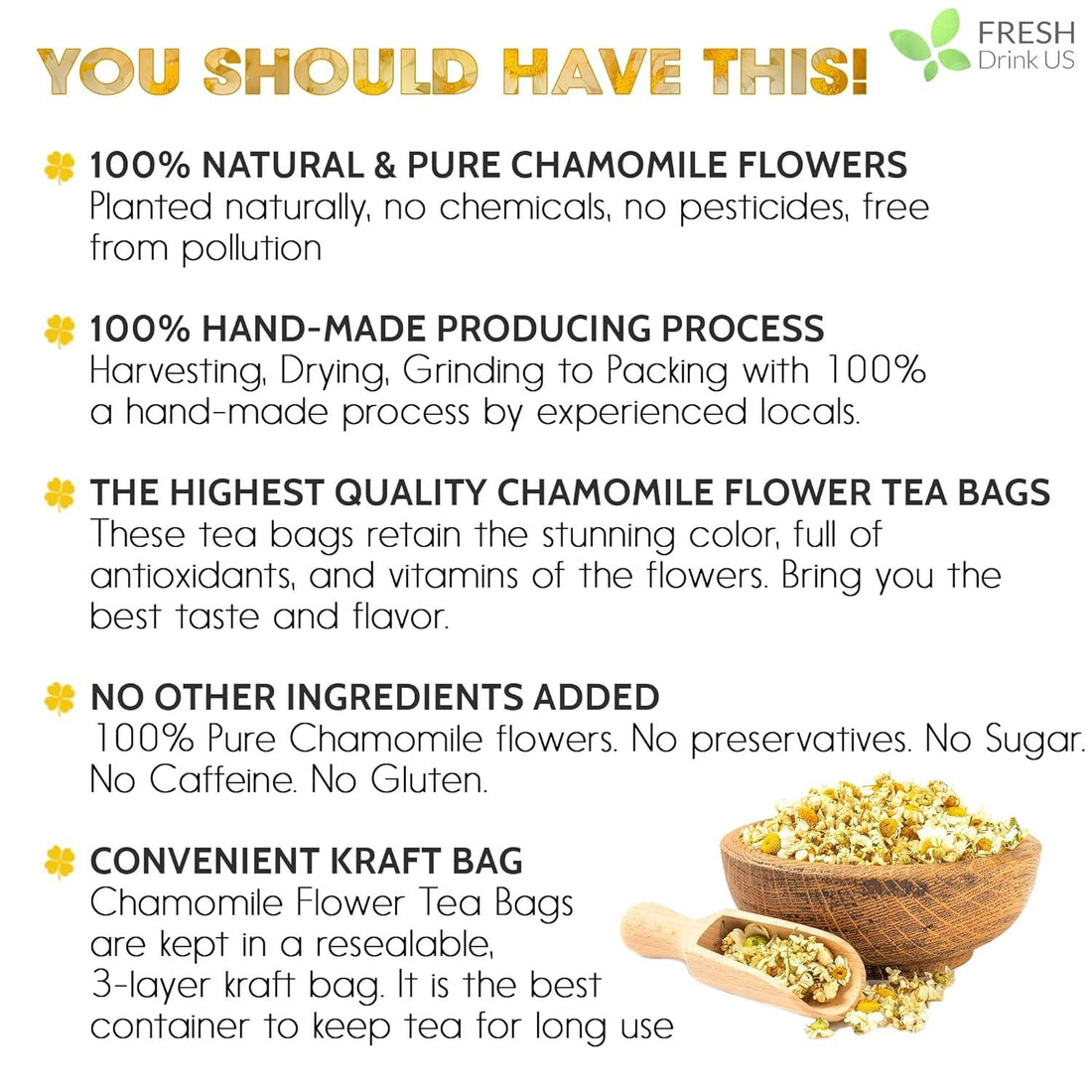 Chamomile Tea Bags, 100% Natural Chamomile, Freshly Picked, Naturally Dried Chamomile, Hand-made, Biodegradable Tea Bag - FreshDrinkUS - Natural and Premium Herbal Tea