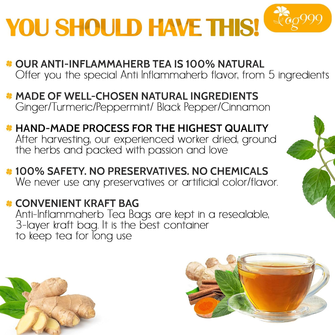 Anti-Inflammaheb Loose Leaf Tea, 100% Natural from Ginger, Turmeric, Peppermint, Black Pepper, Cinnamon