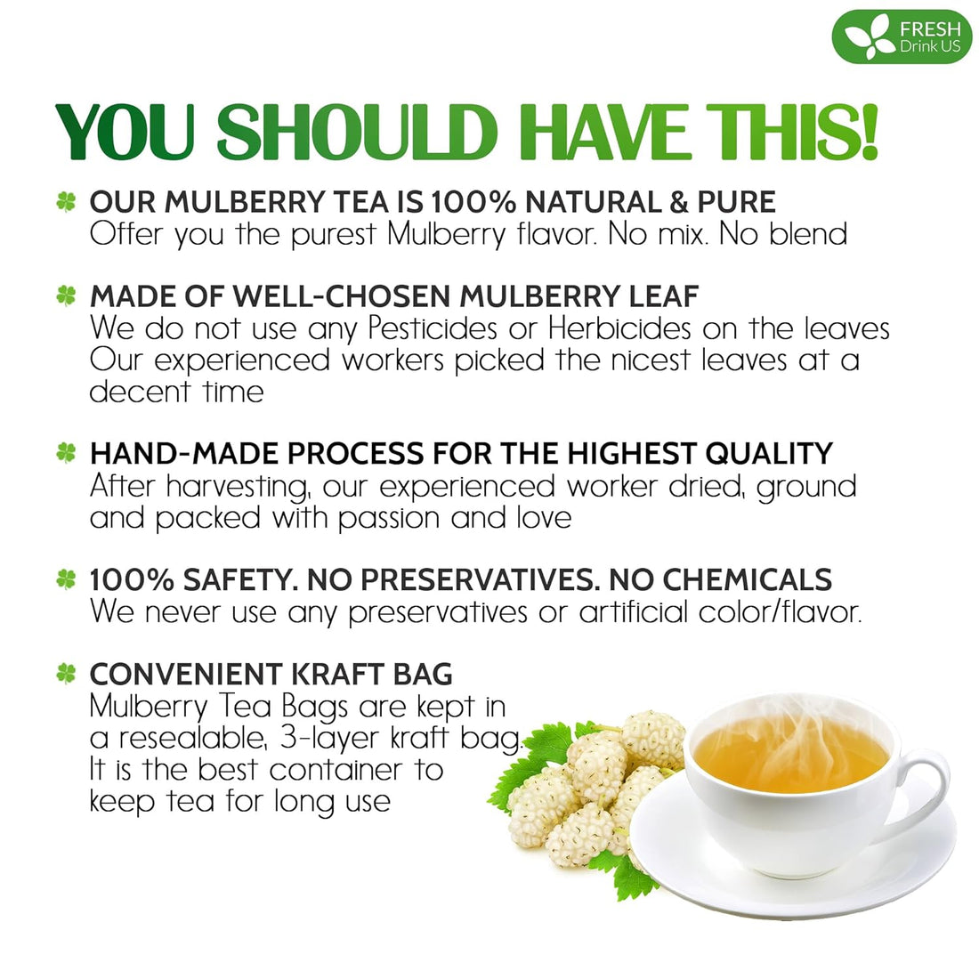 Premium Mulberry Leaf Tea Bags. No Sugar, No Caffeine, No Gluten, Vegan.