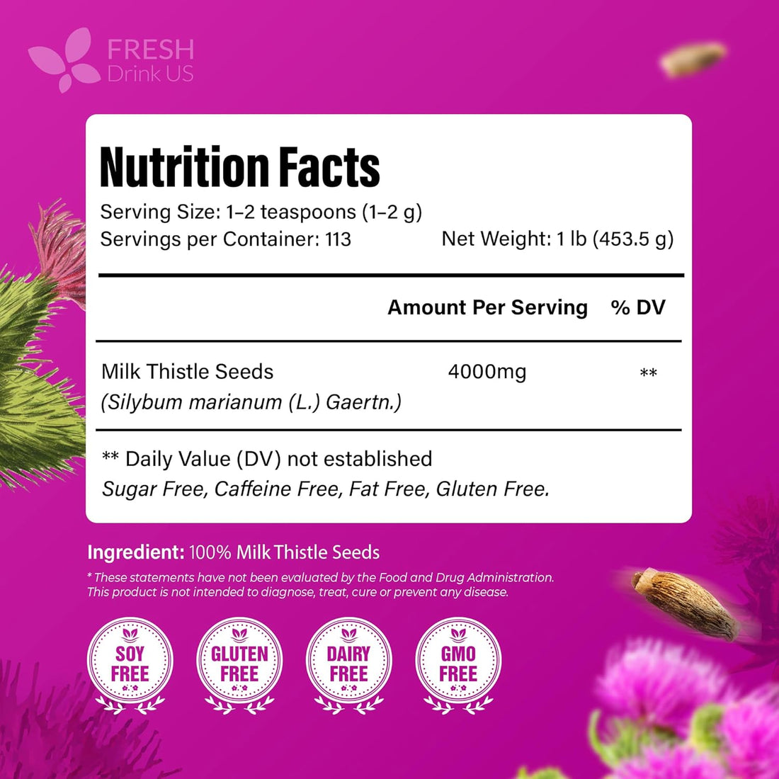 Premium 16oz Milk Thistle Seeds, 100% Natural & Pure, Herbal Tea, Daily Infusion Botanical, No Sugar, No Caffeine, No Gluten, Vegan. Rich in Antioxidants