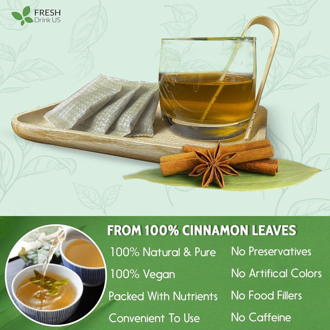 Natural Cinnamon Leaves, Whole Dried Cinnamon Leaves, Tea Bags, 100% Pure from Dried Cinnamon Leaves, Cinnamon Leaf Tea, No Additives, No Caffeine, Vegan - FreshDrinkUS - Natural and Premium Herbal Tea