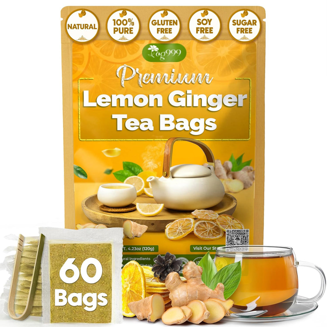 Premium Lemon, Ginger Herbal Blend Tea Bag | Improve Digestion, Support Brain, Weight, Skin and Sleep, Eco-Conscious Tea Bags