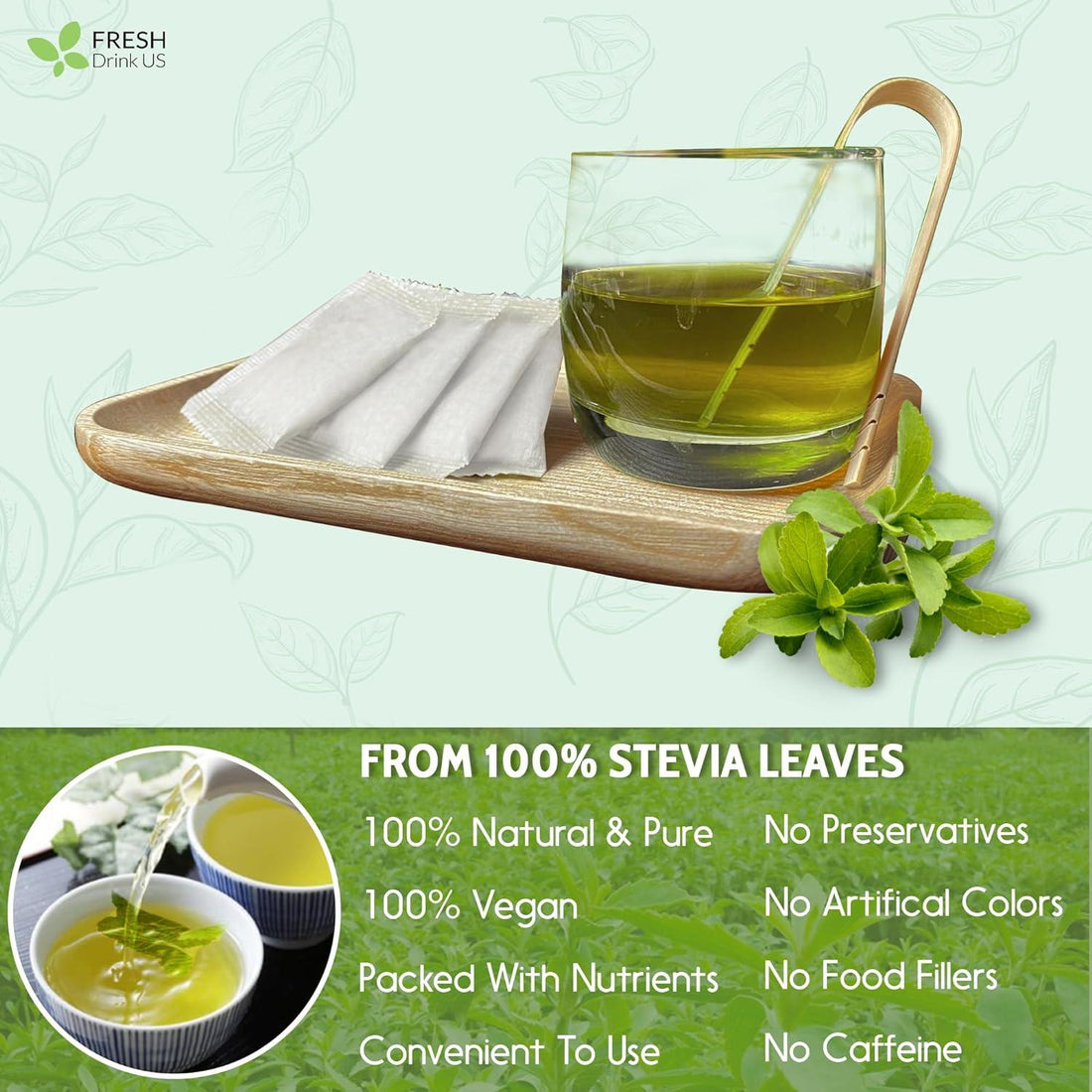 Stevia Leaf, Whole Dried Leaves, Tea Bags, Powder, 100% Natural and Pure from Stevia Leaves. Sugar Substitute for Tea, Coffee. Loose Leaf Stevia Herbal Tea. Zero Calorie Sweetener. No Sugar, No Caffeine, No Gluten, Vegan. - FreshDrinkUS - Natural and Premium Herbal Tea
