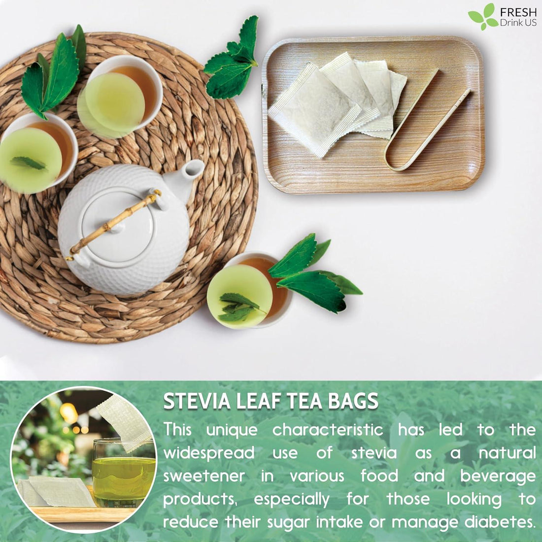 Stevia Leaf, Whole Dried Leaves, Tea Bags, Powder, 100% Natural and Pure from Stevia Leaves. Sugar Substitute for Tea, Coffee. Loose Leaf Stevia Herbal Tea. Zero Calorie Sweetener. No Sugar, No Caffeine, No Gluten, Vegan. - FreshDrinkUS - Natural and Premium Herbal Tea