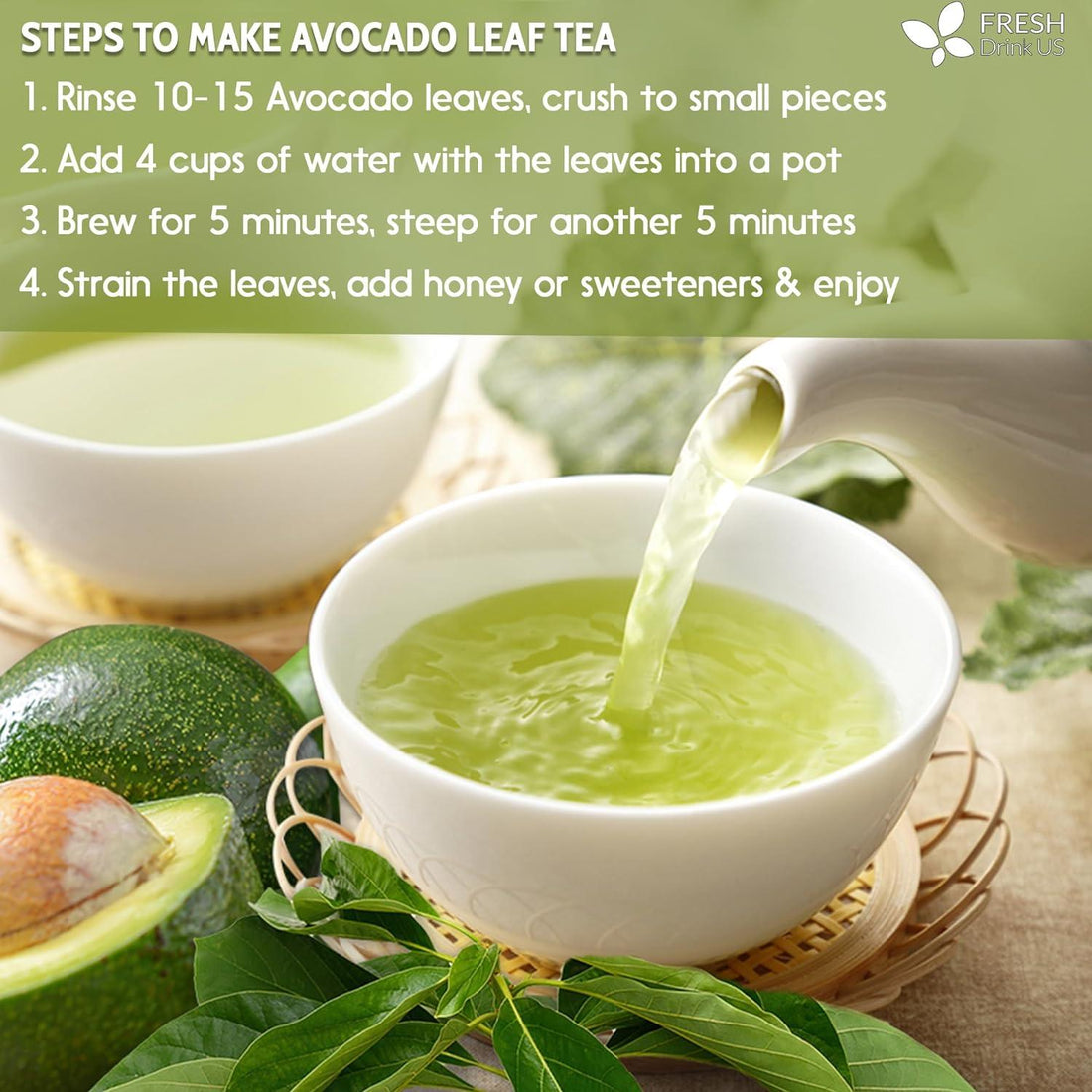 Natural Avocado Whole Leaves Dried, Tea Bags, 100% Pure from Avocado Leaves, Avocado Leaf Tea, Hojas de Aguacate Seca, No Additives, No Caffeine, Vegan - FreshDrinkUS - Natural and Premium Herbal Tea