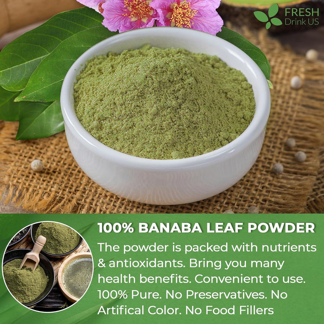 Natural Banaba Dried Leaves, Tea Bags, Powder, Whole Banaba Leaves, 100% Pure Dried Banaba Leaves, Banaba Leaf Tea, No Additives, No Caffeine, Vegan - FreshDrinkUS - Natural and Premium Herbal Tea