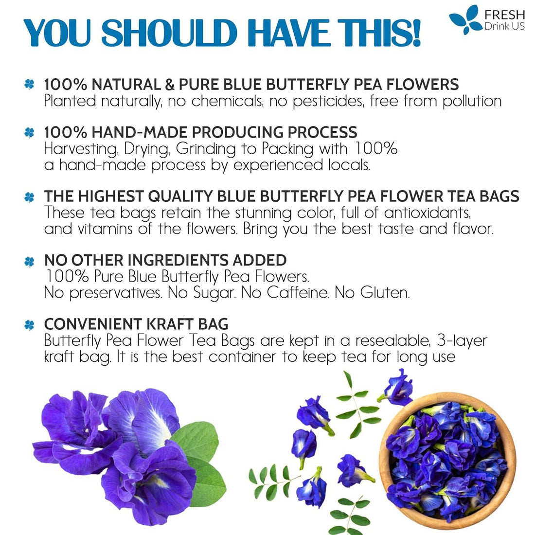 Premium Butterfly Pea Flowers, Tea Bags, 100% Natural and Pure from Butterfly Pea Flowers, Hand-made, Made With Natural Materials-Corn Fiber Tea Bag, Sugar/Caffeine/Gluten Free - FreshDrinkUS - Natural and Premium Herbal Tea