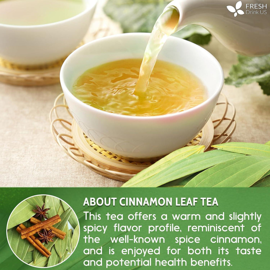 Natural Cinnamon Leaves, Whole Dried Cinnamon Leaves, Tea Bags, 100% Pure from Dried Cinnamon Leaves, Cinnamon Leaf Tea, No Additives, No Caffeine, Vegan - FreshDrinkUS - Natural and Premium Herbal Tea