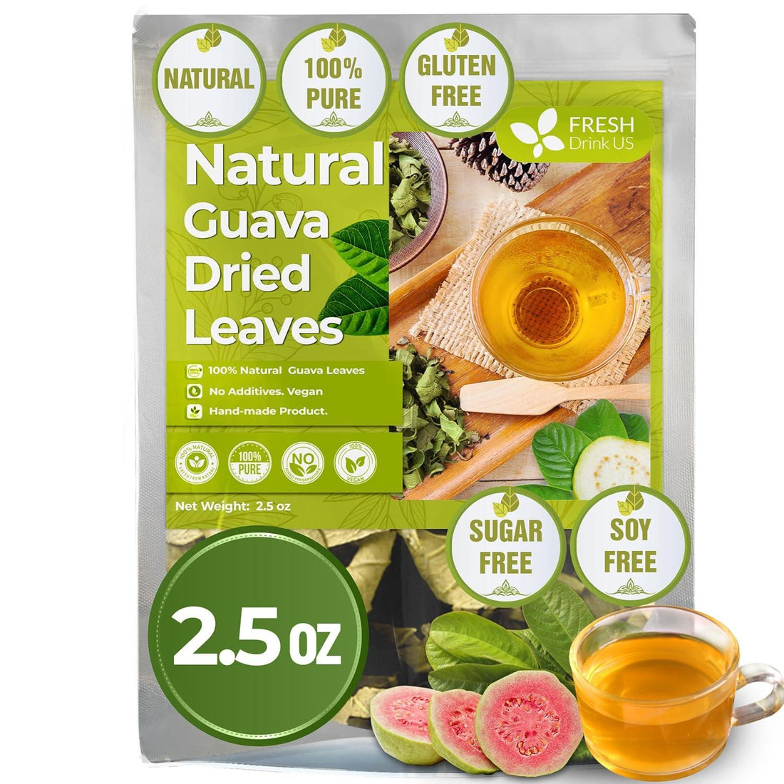 Natural Guava Leaves, Whole Dried Leaves, Cut-and-Sifted Guava leaves, 100% Pure from Guava Leaves, Natural Guava Loose Leaf Herbal Tea, No Additives, No Caffeine, Vegan - FreshDrinkUS - Natural and Premium Herbal Tea