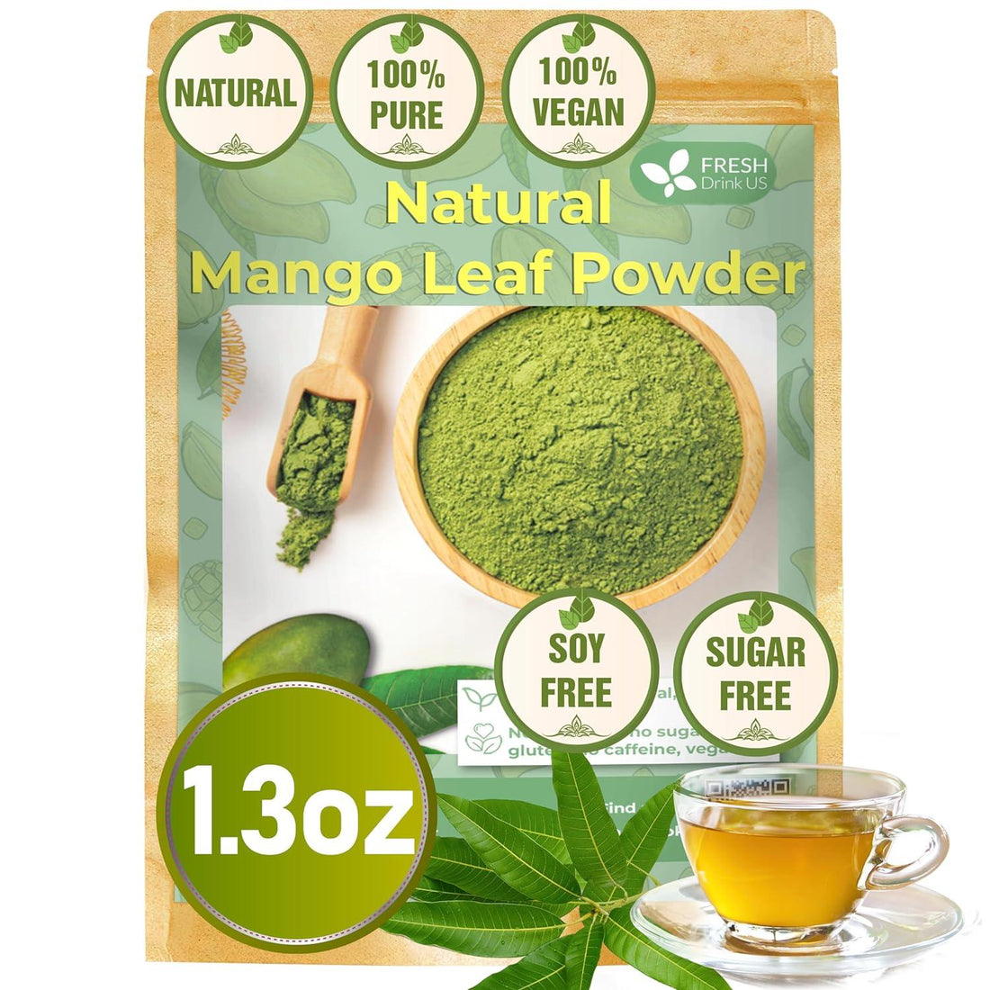 Mango Leaf, Whole Dried Leaves, Tea Bags, Powder, 100% Natural & Pure from Mango Leaves. Mango Dried Leaves. Loose Leaf Mango Herbal Tea. Mango Leaf Tea. No Sugar, No Caffeine, No Gluten, Vegan. - FreshDrinkUS - Natural and Premium Herbal Tea